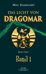 Titelbild Dragomar E-Book, Band 1; goldener Drache auf dunkelgrünem Grund.